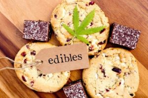 Pictures of cookies and marijuana edibles with a tag that reads: "Edibles" laying on top.