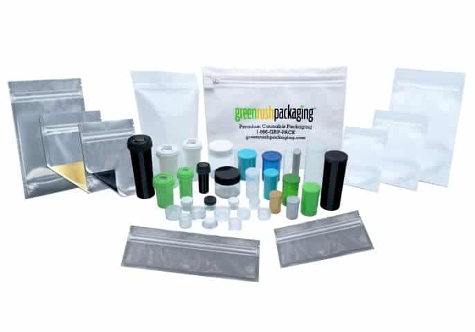 Cannabis Packaging Products by Green Rush Packaging to include Pop Top Bottles, Barrier Bags, Glass Jars for Medical Marijuana & Child Resistant Exit Bags.