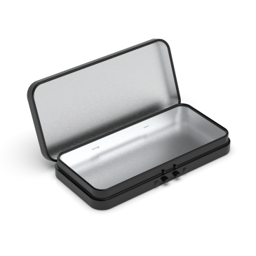Black 120mm child-resistant pre roll tin open showing interior compartments for cannabis storage