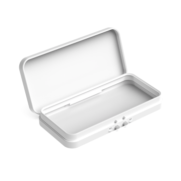 120mm white CR pre roll tin with hinged lid open displaying interior slots for multi-pack cannabis packaging